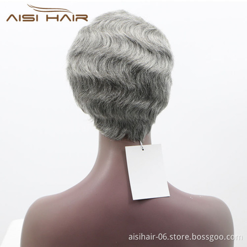 Aisi Hair Wholesale Short Pixie Cut Finger Wave 100% Unprocessed Gray Brazilian Hair For Black Women Human Hair Wigs